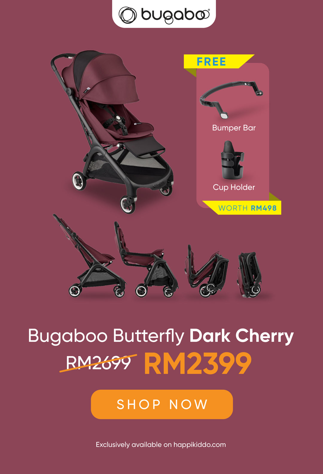 Bugaboo Butterfly Dark Cherry FOC Bugaboo Butterfly Bumper Bar worth RM299 & Cup Holder worth RM199