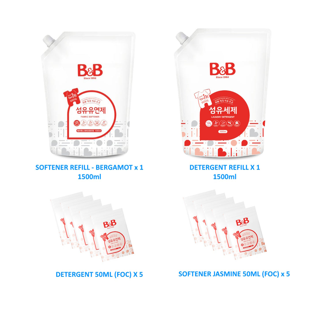 B&B Bundle C [SOFTENER REFILL - BERGAMOT x 1 + DETERGENT REFILL X 1  + DETERGENT 50ML (FOC) X 5 + SOFTENER JASMINE 50ML (FOC) x 5]
