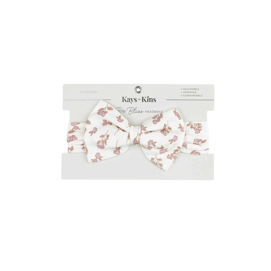 Kays+Kins Bowbliss bamboo cotton baby headband in the Duskbloom print, on card