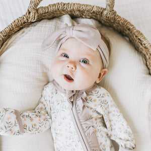 Detail of the Kays+Kins Sphinx print bow headband
