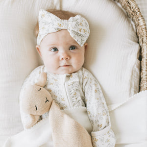 Kays+Kins Bowbliss bamboo cotton baby headband in the Wildflower Haze print
