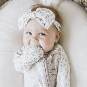 Kays+Kins Bowbliss bamboo cotton baby headband in the Wildflower Waltz print