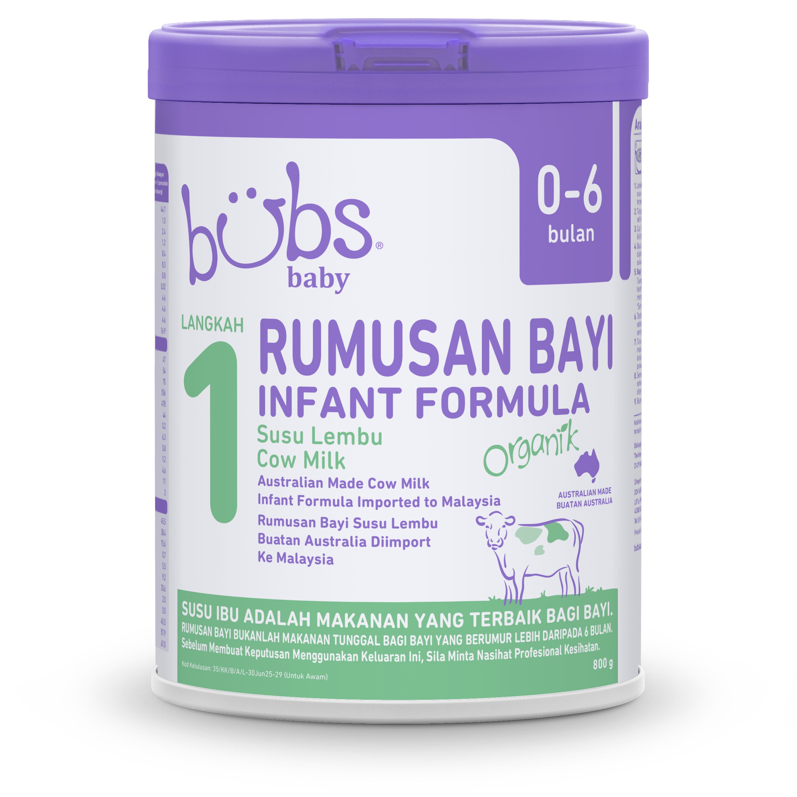 Bubs Organic Grass Fed Infant Milk Formula Stage 1, 800g (0-6M