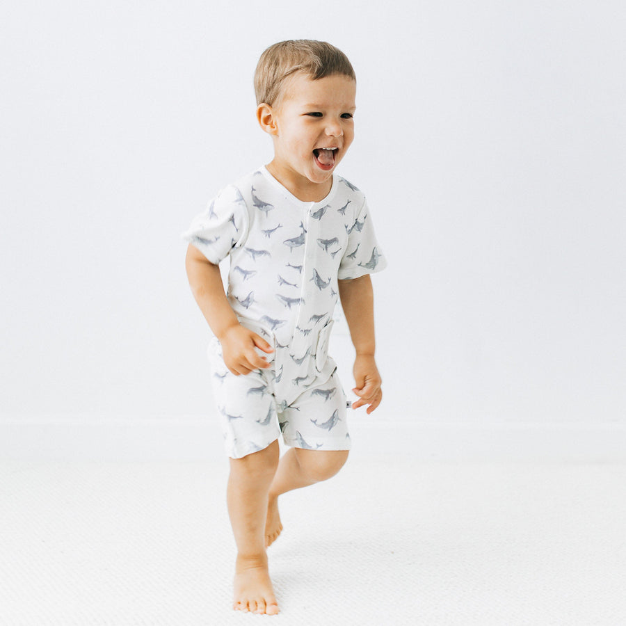 KAYS + KINS Buttoned Romper-Whales Lullaby-12-18M