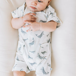 KAYS + KINS Buttoned Romper-Whales Lullaby-12-18M
