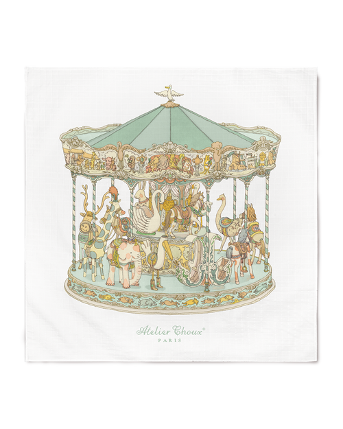 Atelier Choux Carré Carousel Green, 100 x 100 cm organic cotton swaddle, flat packshot