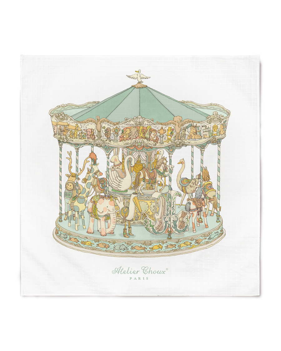 Atelier Choux Carré Carousel Green, 100 x 100 cm organic cotton swaddle, flat packshot