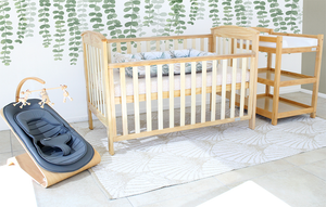BABYHOOD CLASSIC CURVE COT (NATURAL) + BABYHOOD MY FIRST INNERSPRING MATTRESS WITH VENTS + ORGANIC FITTED SHEET (White or Drops) - lifestyle