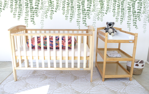 BABYHOOD CLASSIC CURVE COT (NATURAL) + BABYHOOD MY FIRST INNERSPRING MATTRESS WITH VENTS + ORGANIC FITTED SHEET (White or Drops) - lifestyle