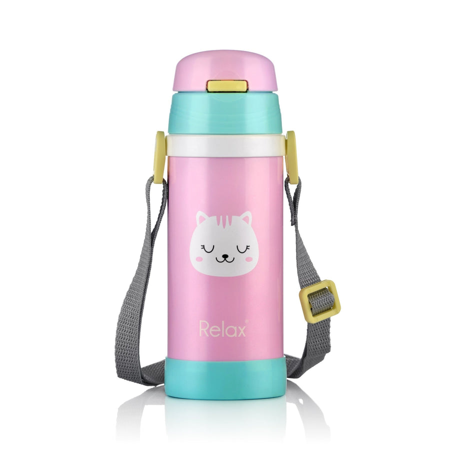Relax 360ml Caline kids thermal flask with straw in pink cat design
