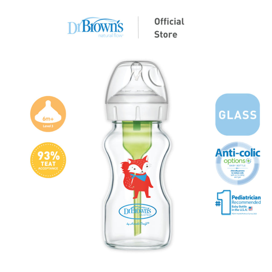 Dr. Brown's Options+ 9 oz/270ml Glass Wide-Neck Fox Deco Bottle, 1-Pack