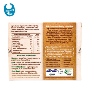 Deliciously Bib baby noodles pack back with ingredients and nutrition panel