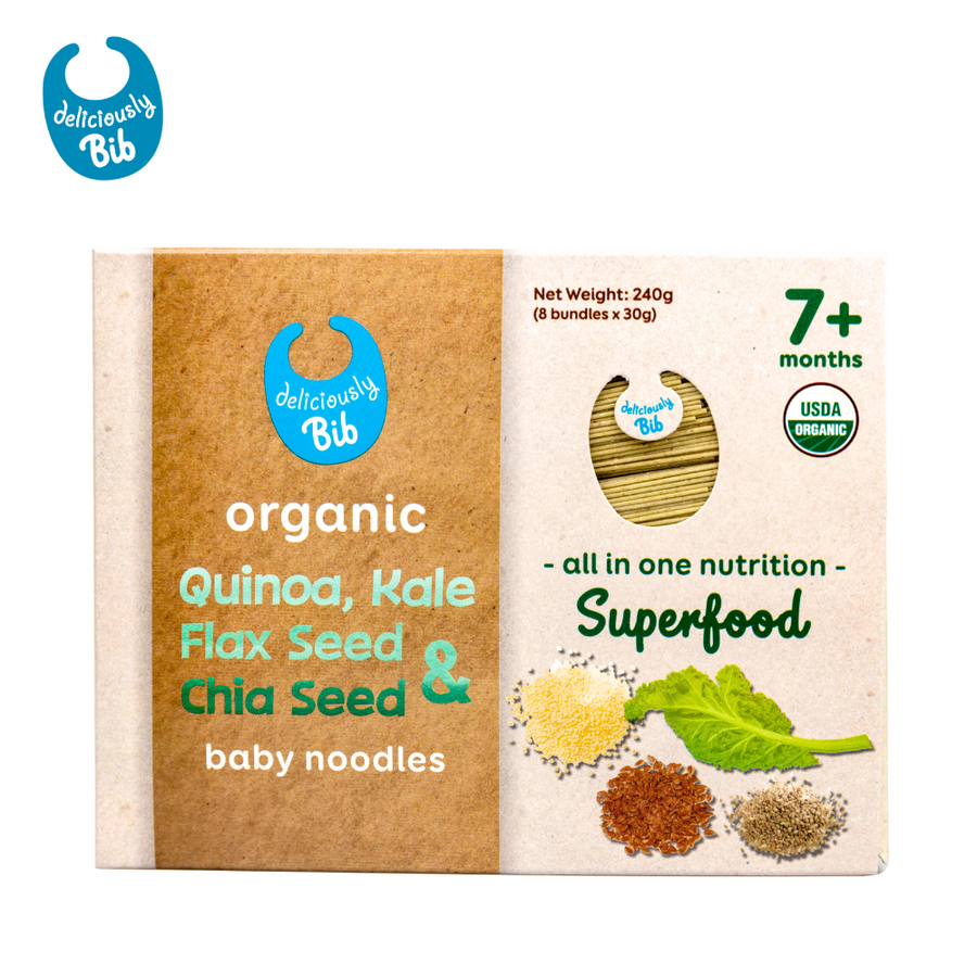 Deliciously Bib organic Quinoa, Kale, Flax Seed & Chia Seed baby noodles, 240g pack front