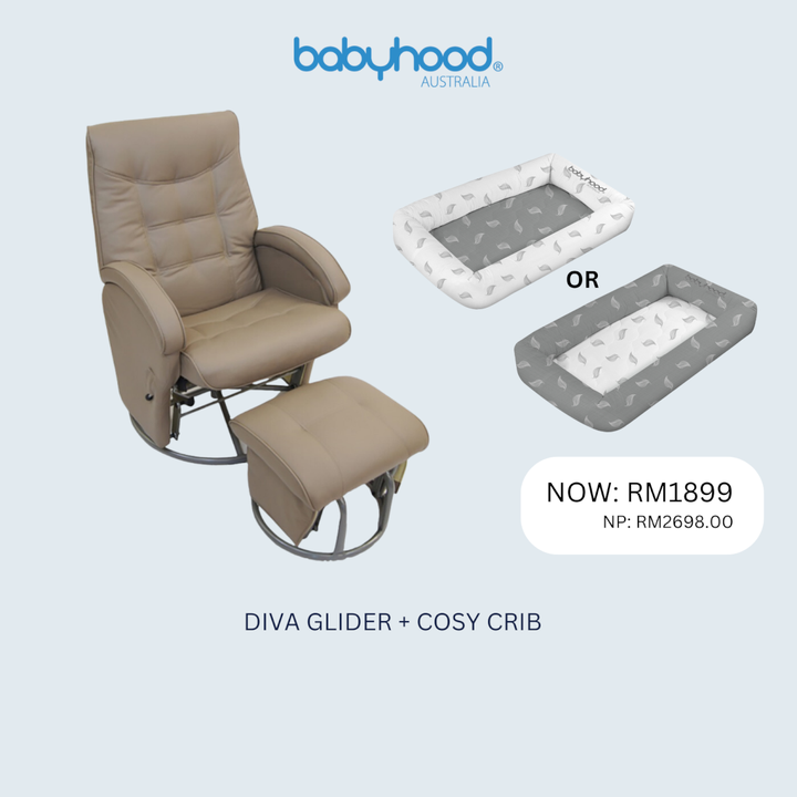 BABYHOOD DIVA GLIDER (LATTE) RM 1999 + COSY CRIB (WHITE LEAF OR GREY LEAF) RM699