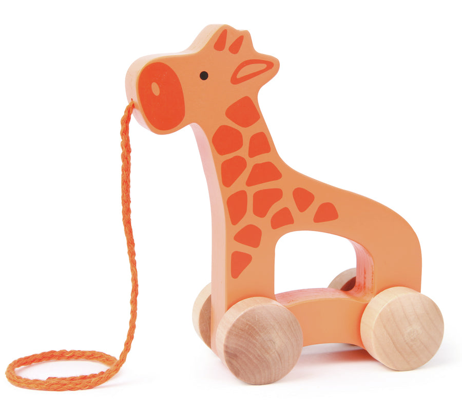 Hape Push & Pull Giraffe E0906 - orange wooden giraffe on wooden wheels with pull cord