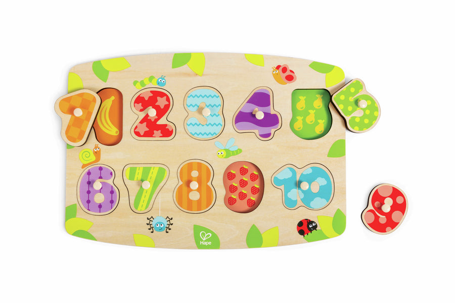 Hape Number Peg Puzzle E1404 - wooden tray puzzle with ten patterned numerals