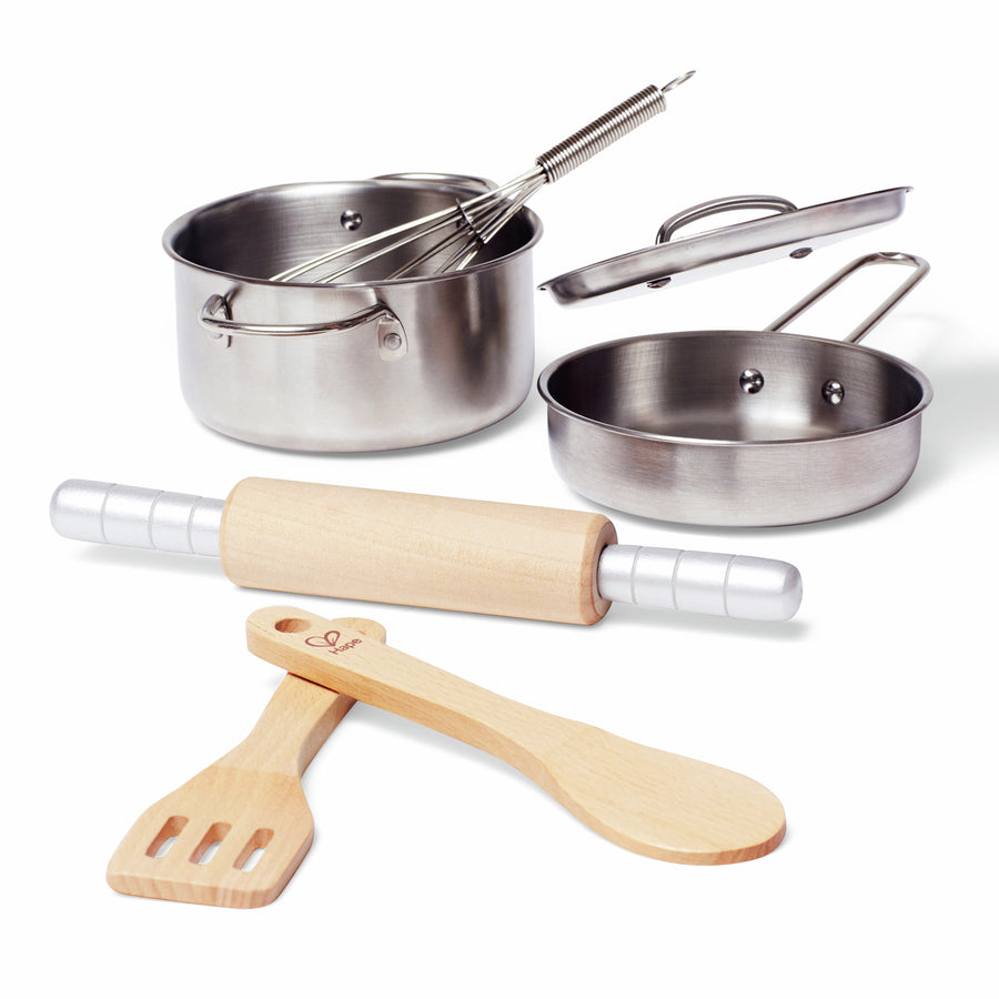 Hape Chef's Cooking Set E3137 - stainless steel pans, whisk, wooden rolling pin and utensils