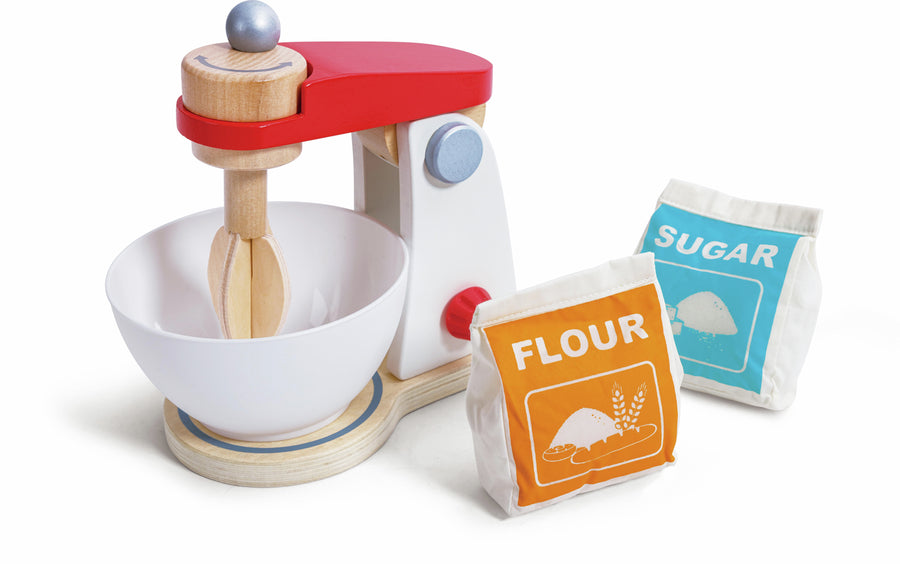 Hape Mix 'n' Bake Blender E3147 with mixing bowl and fabric flour and sugar packets