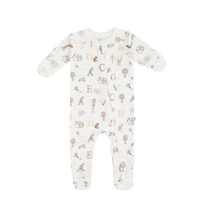 Kays+Kins Organic Growsuit in the Letter Animals alphabet print, full length with footies