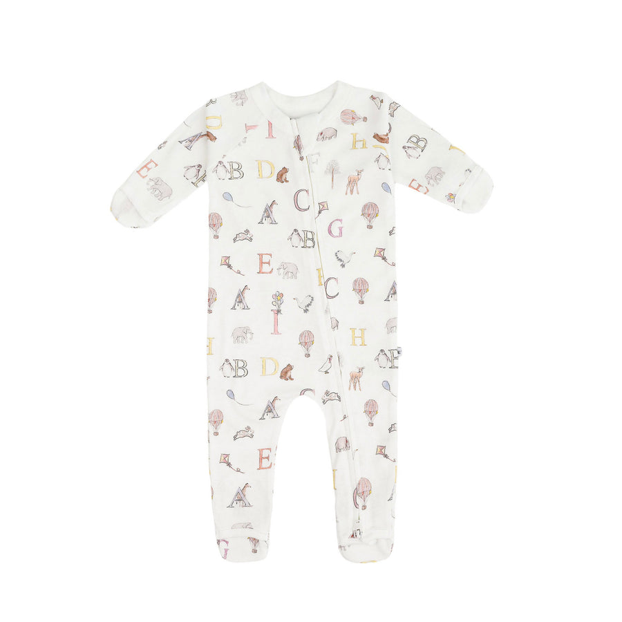 Kays+Kins Organic Growsuit in the Letter Animals alphabet print, full length with footies
