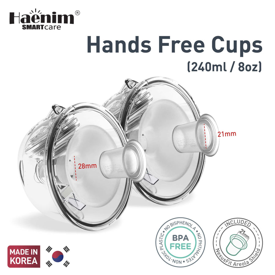 Haenim Hands Free Collection Cups 240ml 8oz pair with 28mm funnel and 21mm areola shield