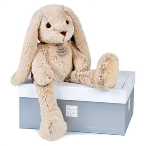 Histoire d'Ours beige rabbit seated on its gift box