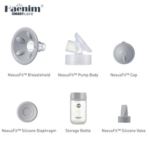 Haenim NexusFit Shield Set contents: breastshield, pump body, cap, silicone diaphragm, storage bottle, silicone valve