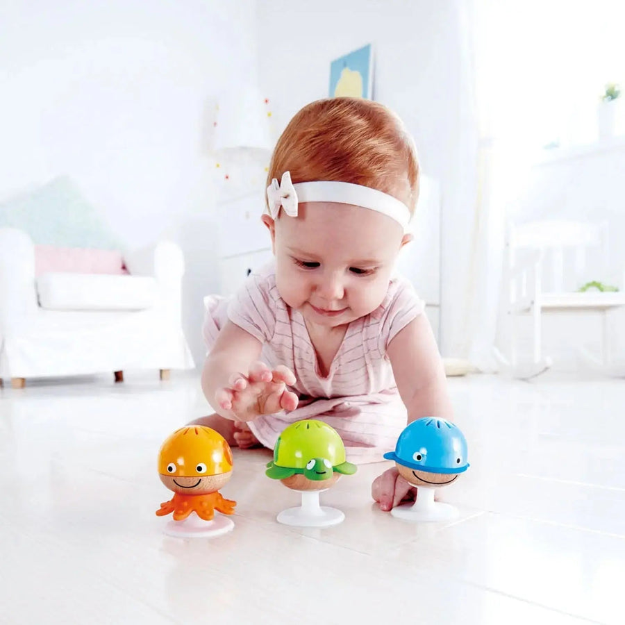 Hape Stay-Put Rattle Set E0330 - wooden octopus, turtle and whale rattles on suction cups