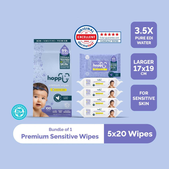 Hoppi 99% Premium Water Baby Wipes (20 wipes x 5 packs)