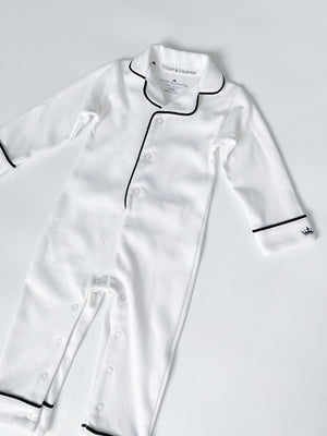Classic White Pima romper sleepsuit with navy piping