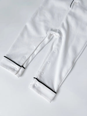Classic White Pima romper sleepsuit, inside-leg snap placket detail