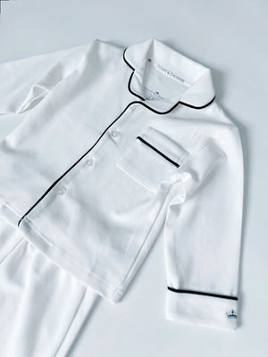 Classic White Pima pyjamas with navy piping, collar detail