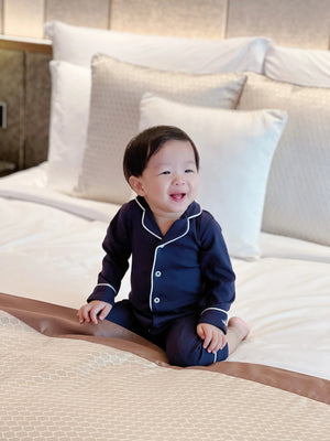 Urban Navy Pima romper sleepsuit worn at home