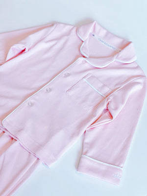 Ballet Pink Pima pyjama top and pants, collar and piping detail