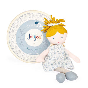 Jolijou Joliflores rag doll Bleuette with its round wooden gift box