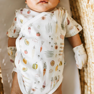 Close up of the KAYS + KINS Veggie Patch print kimono front