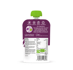 Little Freddie Prunes & Apples pouch, back of pack with ingredients and nutrition