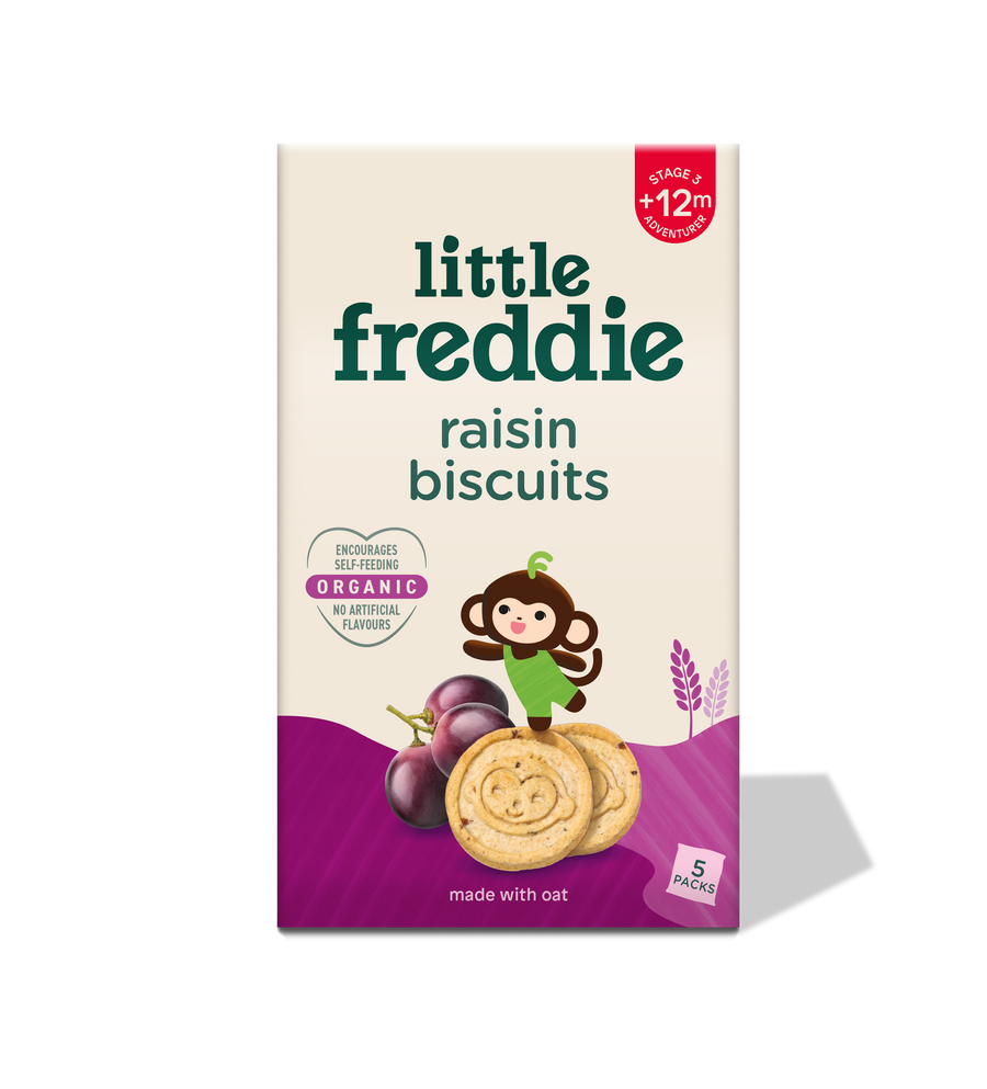 Little Freddie organic raisin biscuits 100g carton, 5 packs, front of pack showing Stage 3 +12m