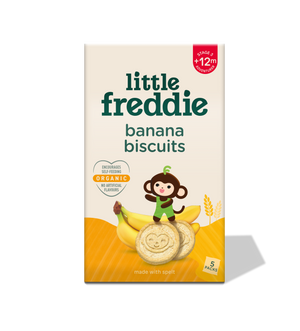 Little Freddie organic banana biscuits 100g carton, 5 packs, front of pack showing Stage 3 +12m