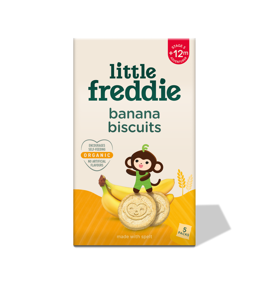 Little Freddie organic banana biscuits 100g carton, 5 packs, front of pack showing Stage 3 +12m