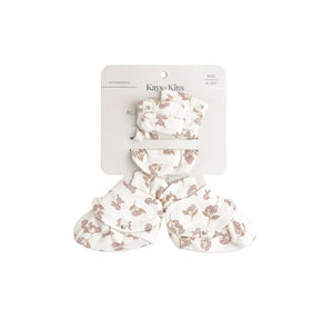 Kays+Kins SecureGrip Mitts and Booties set in the Duskbloom rose print, on brand card, age 0-3M