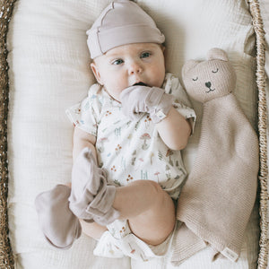Kays+Kins Sphinx print mitts and booties on baby