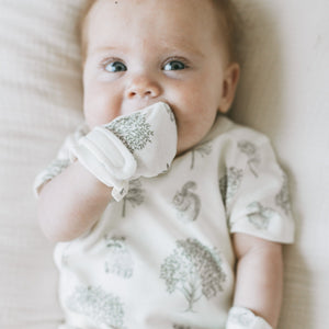Detail of Kays+Kins Woodland print bamboo cotton booties