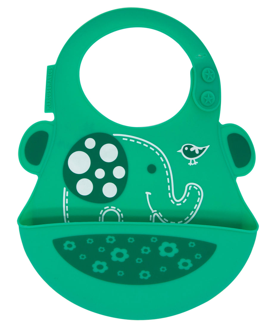 Marcus & Marcus Silicone Baby Bib in green, Ollie the Elephant design with crumb catcher