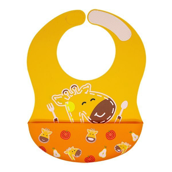 Marcus & Marcus Wide Coverage Silicone Baby Bib in yellow, Lola the Giraffe design