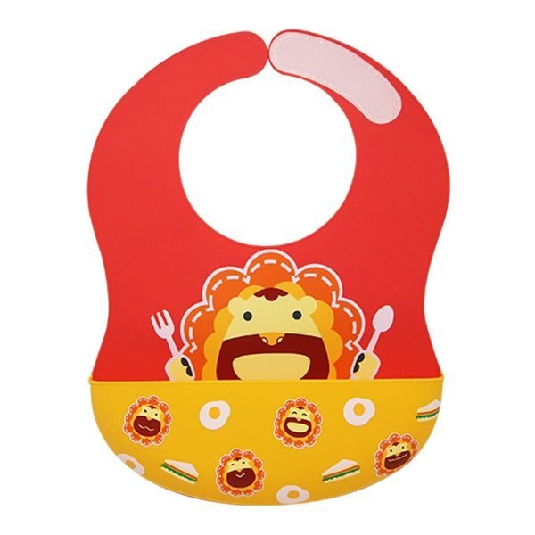 Marcus & Marcus Wide Coverage Silicone Baby Bib in red, Marcus the Lion Cub design