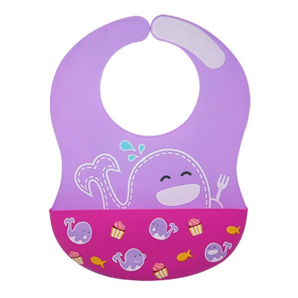 Marcus & Marcus Wide Coverage Silicone Baby Bib in purple, Willo the Whale design