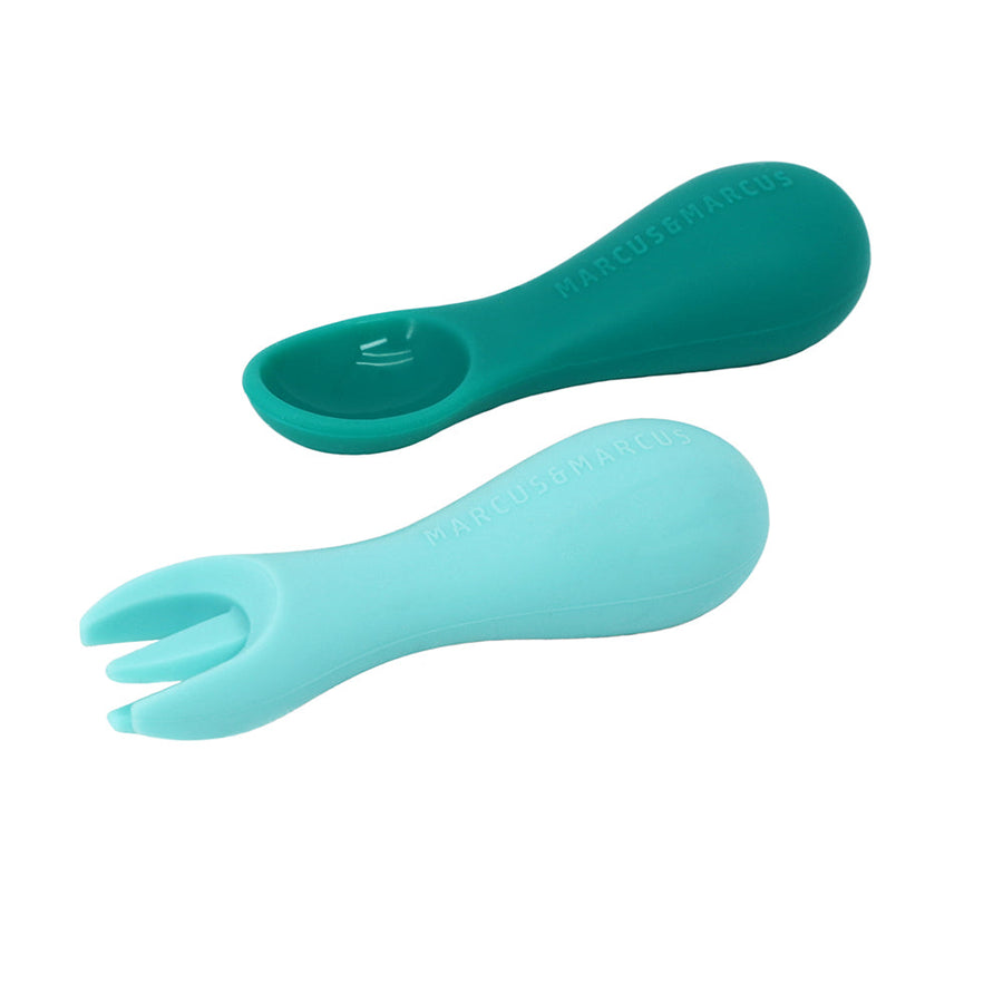 Marcus & Marcus Silicone Palm Grasp Spoon and Fork Set in green, Ollie the Elephant