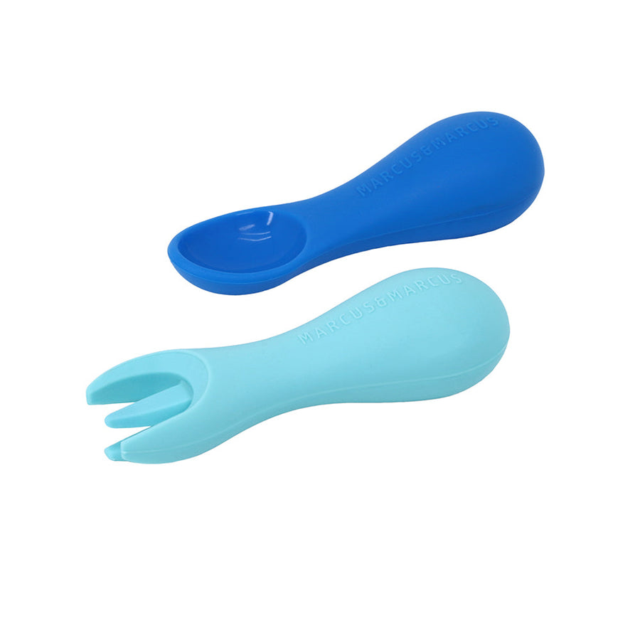Marcus & Marcus Silicone Palm Grasp Spoon and Fork Set in blue, Lucas the Hippo