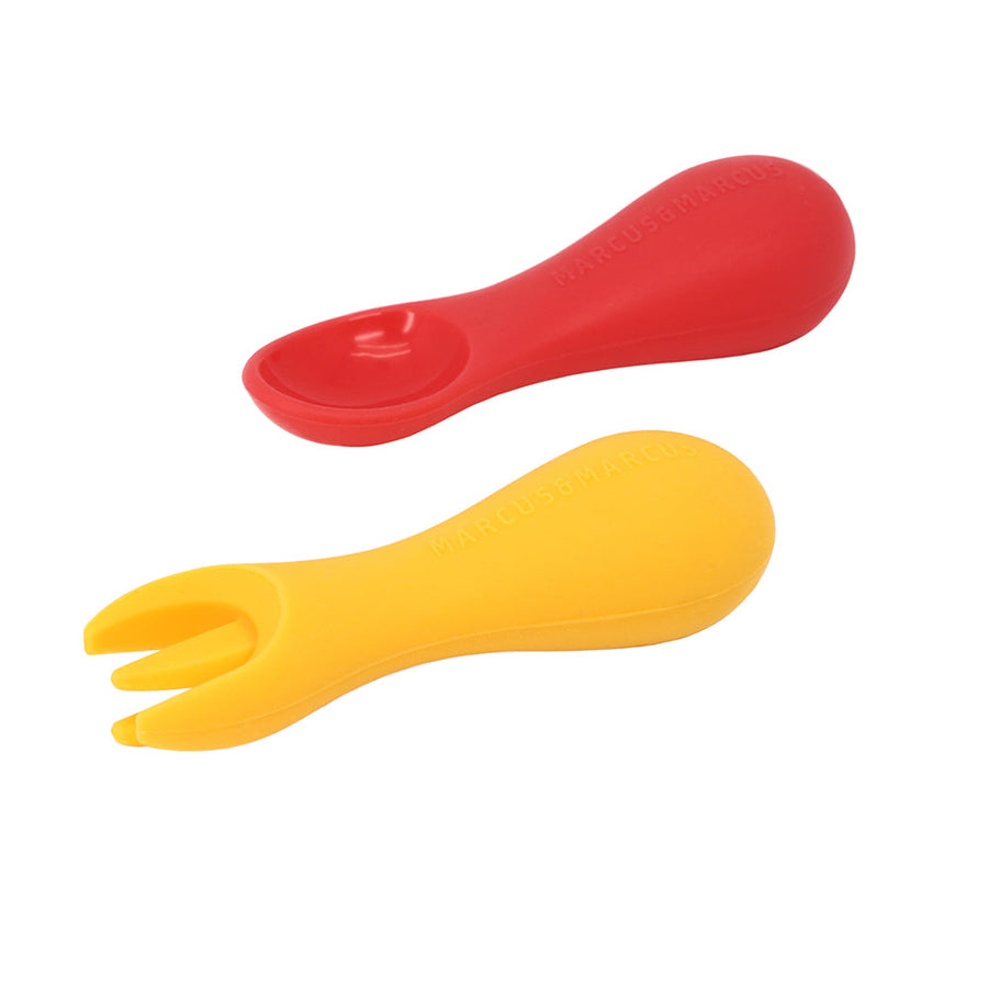 Marcus & Marcus Silicone Palm Grasp Spoon and Fork Set in red, Marcus the Lion Cub